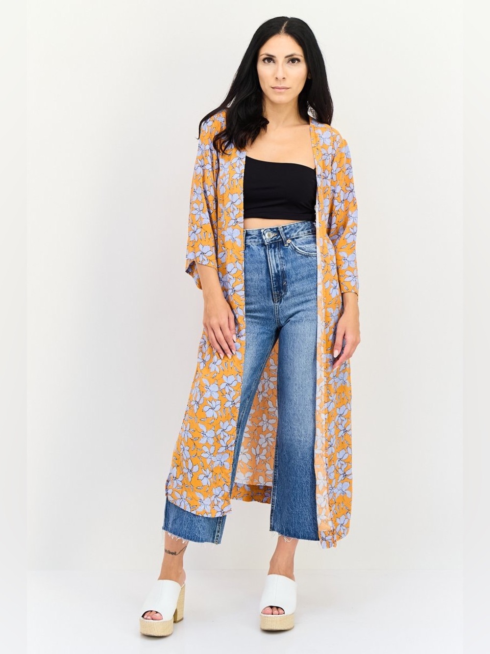 Jessica Simpson Orange Maxi Kimono with Light Blue Floral Print